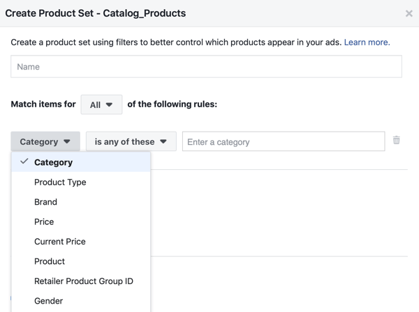 Gebruik de Facebook Event Setup Tool, stap 28, Facebook-menuoptie om filters toe te passen waarop producten aan klanten worden getoond