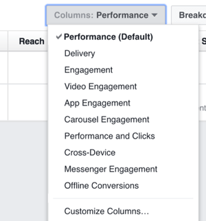 Klik op de vervolgkeuzelijst Kolommen voor opties om de kolommen te wijzigen die u in Facebook Ads Manager ziet.
