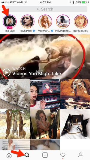 Instagram biedt ook actuele live video's op het tabblad Verkennen.