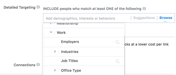 Facebook biedt gedetailleerde targetingopties op basis van het werk van uw publiek.