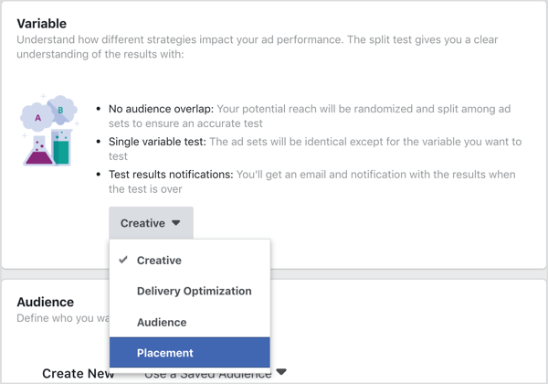 Selecteer Plaatsing als de variabele om te testen met de Facebook-splitstest