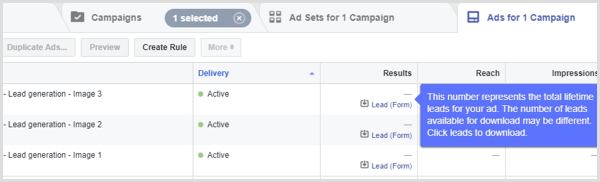 Facebook lead-advertentieresultaten