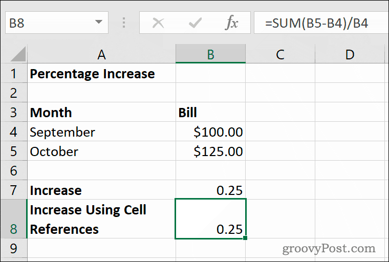 Een voorbeeld van procentuele verhogingen in Microsoft Excel