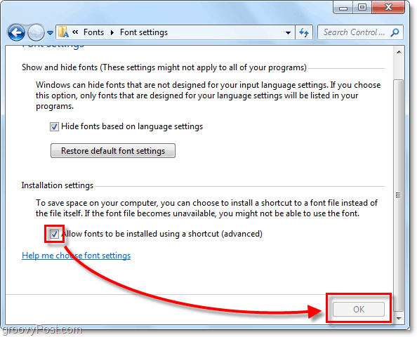 toestaan ​​dat Windows 7-lettertypen worden geïnstalleerd vanaf een netwerk of een andere externe bron