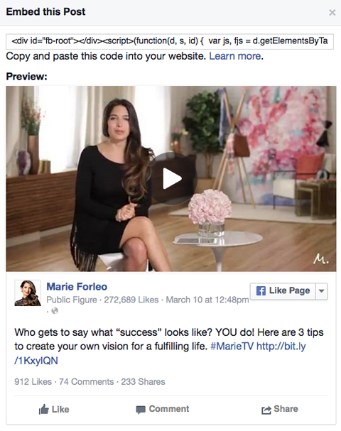 marie forleo video facebook bericht insluitcode