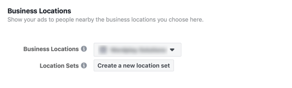 Optie om een ​​nieuwe locatieset te maken voor uw Facebook-bedrijfsadvertentie.
