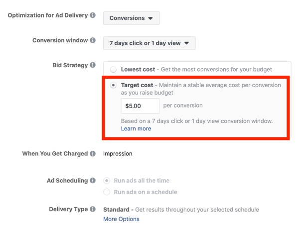 Tips om uw Facebook-advertentiekosten te verlagen, optie om biedstrategie in te stellen op doelkosten