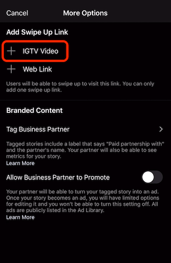 optie om een ​​veeglink naar IGTV-video toe te voegen