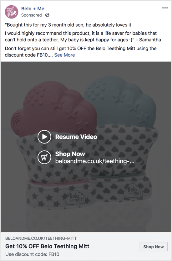 Deze Facebook-advertentie maakt gebruik van een diavoorstellingvideo om een ​​korting op een specifiek product te promoten.