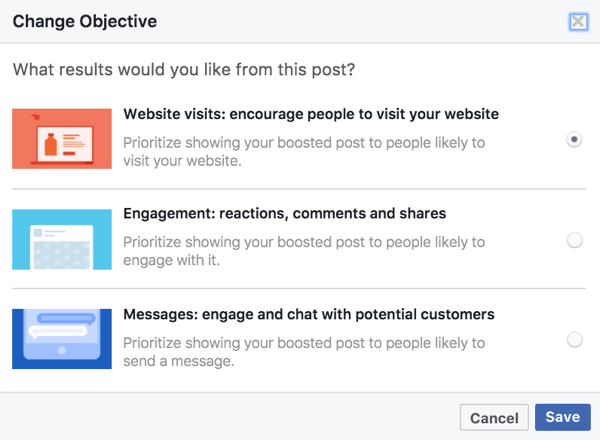 De objectieve opties voor gebooste berichten zijn gebaseerd op de media die in uw Facebook-bericht worden gebruikt.