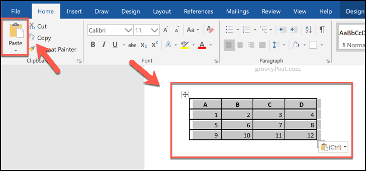 Geplakte cellen uit een Excel-spreadsheet, weergegeven als een tabel in Word