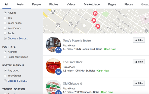 Facebook-zoekresultaat voor pizza.