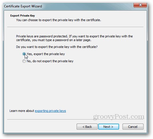 Windows-certificaat exporteren - privésleutel Ja