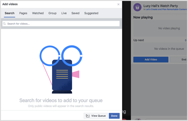 Kies een bron om video's toe te voegen aan je wachtrij voor Facebook-kijkpartijen.