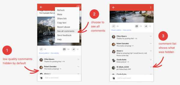 Google+ biedt de optie om reacties van mindere kwaliteit op posts te verbergen, zodat je je kunt concentreren op de reacties die er het meest toe doen.