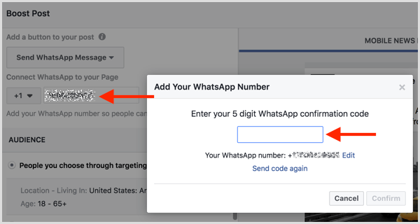 Voer de bevestigingscode in die je via sms hebt ontvangen om je WhatsApp Business-account te verbinden met Facebook.
