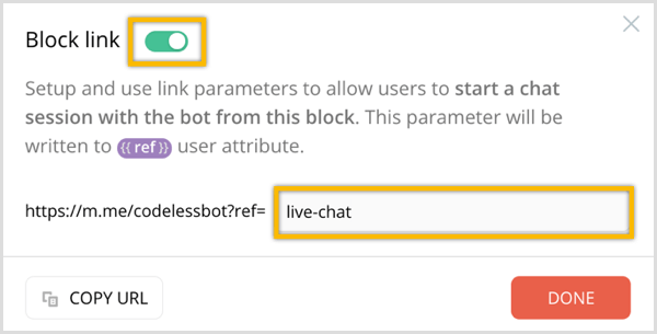 ChatFuel Block Link-optie