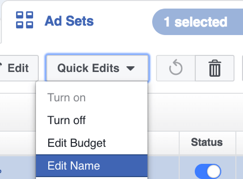 Selecteer in Facebook Power Editor Naam bewerken in het vervolgkeuzemenu Snelle bewerkingen.