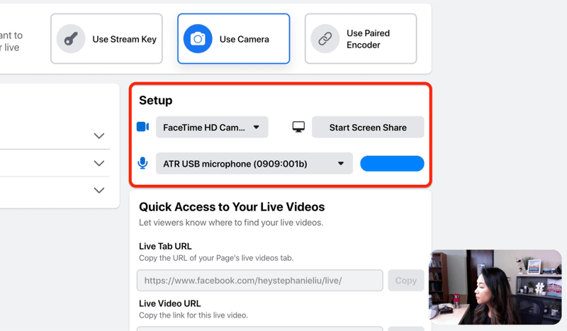 facebook live stream setup optie om je camera en microfoon en / of scherm delen te selecteren