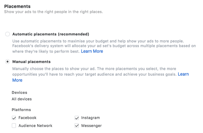 menu-opties voor advertentieplaatsing met geselecteerde handmatige plaatsingen, met name Facebook, Instagram en Messenger