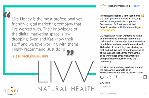 Voorbeeld van een Instagram-post voor een klantverhaal door Like Honey Marketing.