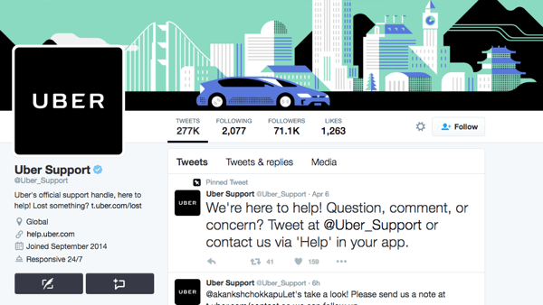 Uber heeft een aparte Twitter-handle voor Uber-ondersteuning.