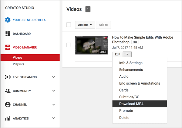 Navigeer naar je video in Videobeheer, klik op de knop Bewerken naast je YouTube-video en selecteer MP4 downloaden.