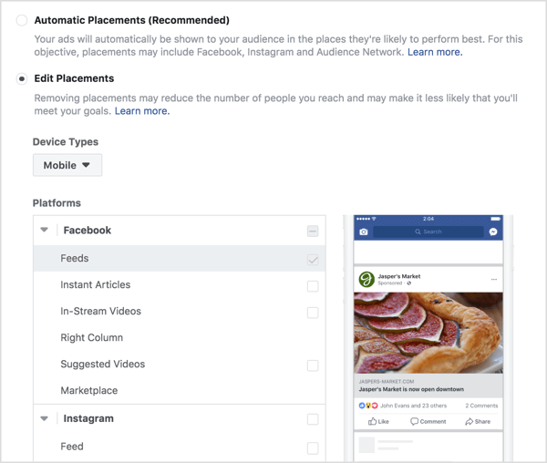 Selecteer plaatsingen voor een Facebook-engagement-advertentie.