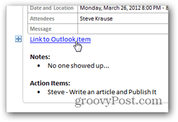 Klik op Link terug naar Outlook-agenda-item
