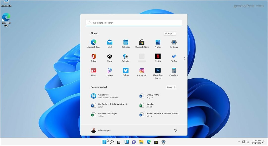 Windows 11 Geïnstalleerd bureaublad Startmenu