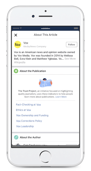 Facebook begint nieuwe vertrouwensindicatoren van uitgevers weer te geven voor artikelen die in de nieuwsfeed worden gedeeld.